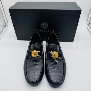 Versace Medusa Biggie Black Lizard Embossed Leather Loafers Mens Driving Shoes